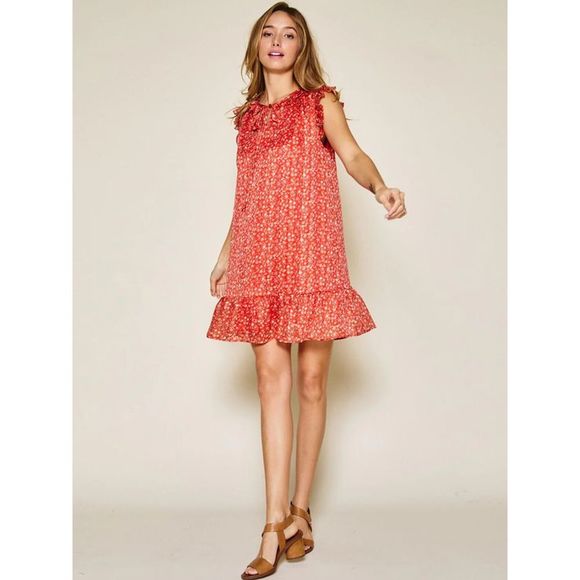 Coral Sleeveless Shimmer Ruffle Floral Dress - Picture 1 of 4